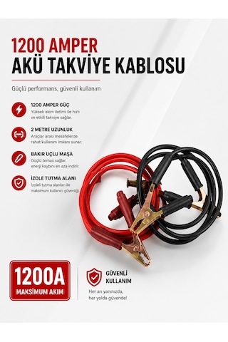 1200 Amper Akü Takviye Kablosu 2 Metre Bakır Uçlu Standart