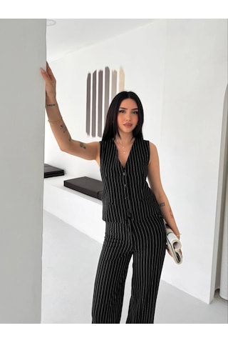 Moda Kadın Çizgili Tansel Kumaş Yelek Pantolon İkili Takım Ofis Şık Modern - Siyah Çok Renkli