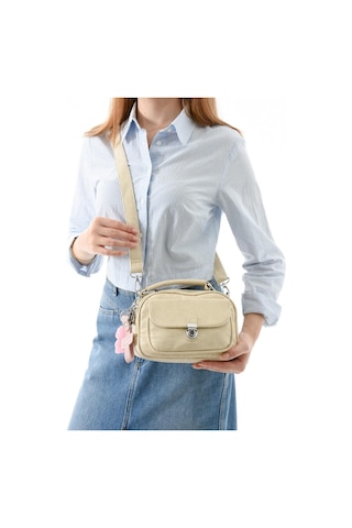 Vegan Deri Kadın Postacı Çanta 21 15 Cm Yıkama Suni Deri Omuz Çantası Çapraz Askılı Çanta Krem