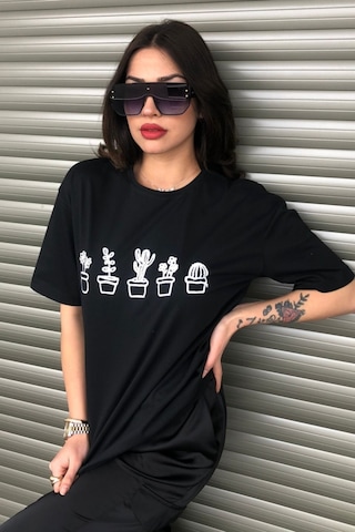 Modagen Kaktüs Baskılı Siyah Kadın Oversize T-shirt K Siyah