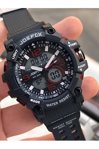 Joefox Digital Ve Analog 2 Yıl Garantili Kronmetre+takvim+alarm+aydınlatma Erkek Kol Saati Joe.bk04 Siyah - Kırmızı