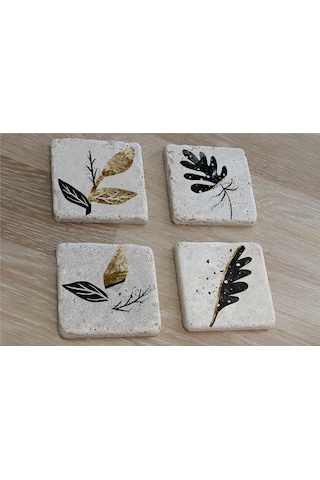 Altın Desenli Yapraklı Doğal Taş Bardak Altlığı 4'lü Set - Natural Stone Coasters - Taş Çok Renkli