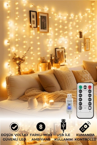 TechnoSmart Peri Telli Perde Led Işık Kumandalı 300 Ledli 3 x 3 metre Usb'li 8 Animasyonlu Günışığı Diğer