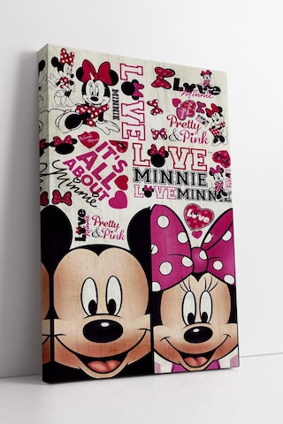 Mickey Minnie Aşk Tasarımlı Kolaj Desenli Pembe Temalı Eğlenceli Çizgi Karakter Kanvas Tablo