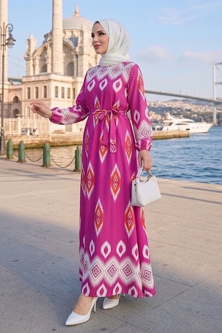 Bestenur Alera Desenli Viskon Elbise 1720 - Pembe