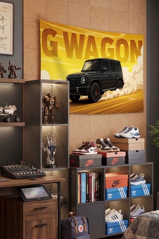 Mercedes G Wagon Siyah Sarı Graffiti Dekoratif Duvar Örtüsü Duvar Halısı Beyaz