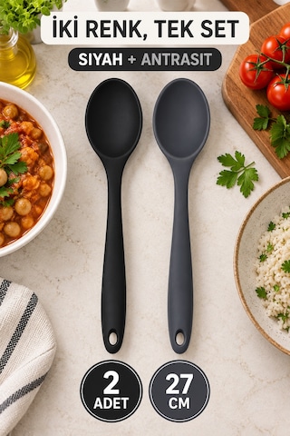 2'li Set Siyah Antrasit Büyük Boy Silikon Kaşık 27 Cm Mutfak Yemek Pişirme Ve Servis Kaşığı 2 Renkli