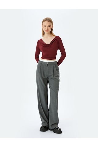 Koton Uzun Kollu Degaje Yaka Slim Fit Tişört Bordo 5sal10388ık Bordo