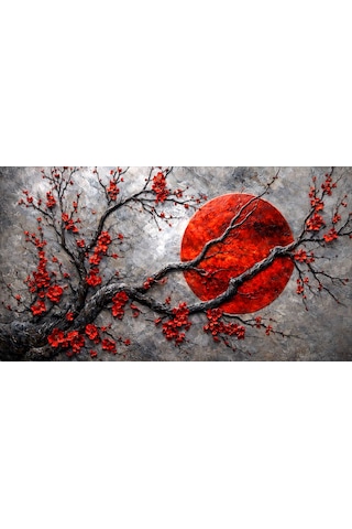 Kırmızı Ay Ve Sakura Ağacı Kanvas Tablo