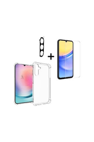 Samsung Galaxy A15 Uyumlu Kılıf Şeffaf Temperli Kırılmaz Cam Ekran Ve Kamera Lens Koruyucu Seti