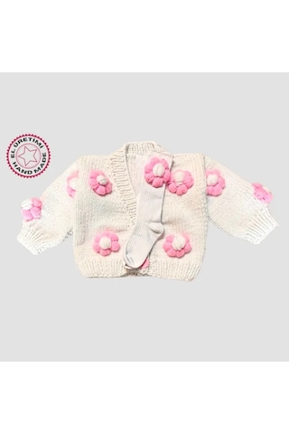 Uretti - Gülnur 2184 - El Örgüsü Çiçek Motifli Çoraplı Kız Çocuk Hırka 4 Yaş - Beyaz Beyaz