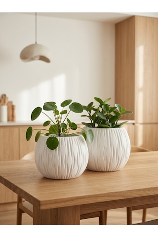 Kaveld Stone Calm El Yapımı Dekoratif Seramik Görünümlü Saksı Çizgi Kabartmalı Minimalist Iç Mekan Saksısı Salon Balkon Ofis Çiçeklik Ev Dekoru Beyaz