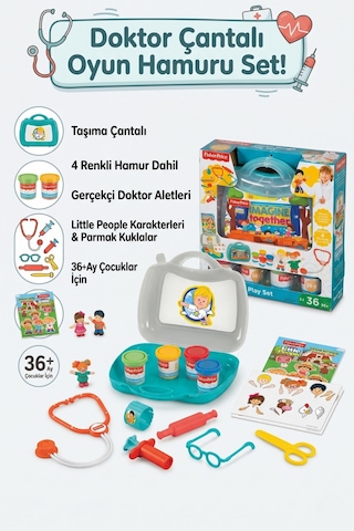 Little People Çantalı Doktor Muayene Seti Ve 4 Renkli Oyun Hamuru Çok  Renkli