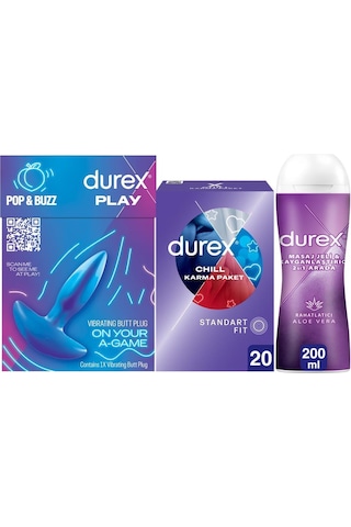 Durex Titreşimli Anal Plug Tıkaç + Chill Karma Paket Prezervatif 20'li + Aloe Vera Kayganlaştırıcı Jel 200 ML