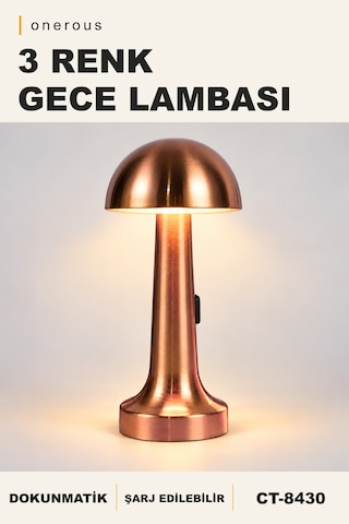Onerous Mantar 3 Renk Masa Lambası, Şarj Edilebilir Kırmızı