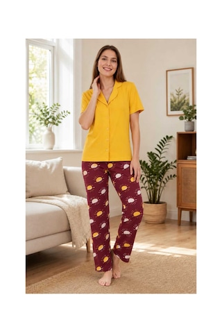 Tenra Kadın Pamuklu Boydan Düğmeli Kısa Kollu Pijama Takımı Sarı