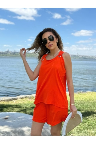 Modaserdem Kadın Kolsuz V Yaka Kuş Gözü Detay Bluz Short Aerobin Ikili Takım Turuncu