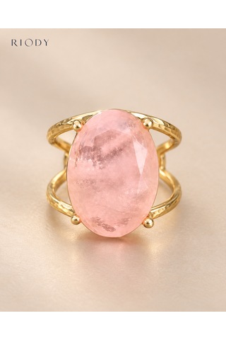 Riody Regard Rose Gold Kaplama Pembe Kedi Gözü Doğal Taşlı Ayarlanabilir Kadın Yüzük Sarı Altın