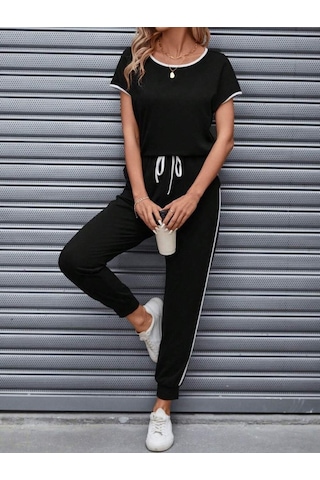 Kadın Kısa Kollu Kayık Yaka Viskon Iki Iplik Bluz Ve Bağcıklı Pantolon Ikili Takım Siyah