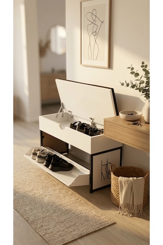 Puflu Sandıklı Metal Ayakkabılık 8 Çift Kapasiteli Minderli Bench Oturak Tasarım Tescilli Ürün Beyaz