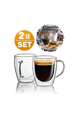 Çift Cidarlı Bardak Cam Kupa 310 Ml Ev Ofis Espresso Kahve Fincanı Borosilikat Kulplu Çay Bardağı