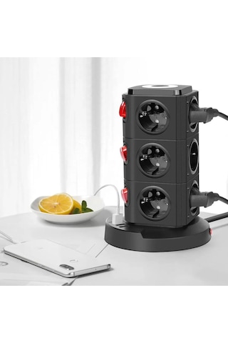 Akım Korumalı Priz Kablosuz Şarj İstasyonu 12xsoket 1xusb 2xtype-c 2 Mt Kablolu Grup Priz Çoğaltıcı 2 M
