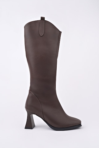 Muggo Astoria Küt Burun Yandan Fermuarlı Topuklu Kadın Çizme Kahverengi