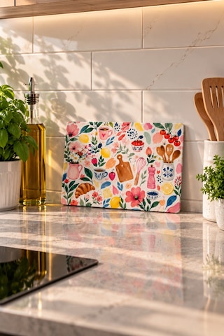 Gökçeoğlu Cam Kesme Tahtası Renkli Çiçek Mutfak Temalı - Cam Kesme Tablası 30cm X 40cm Çok Renkli