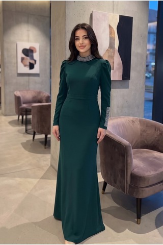 Dorne Moda Taş İşlemeli Yaka Ve Kol Detaylı Uzun Davet Elbisesi Yeşil Yeşil
