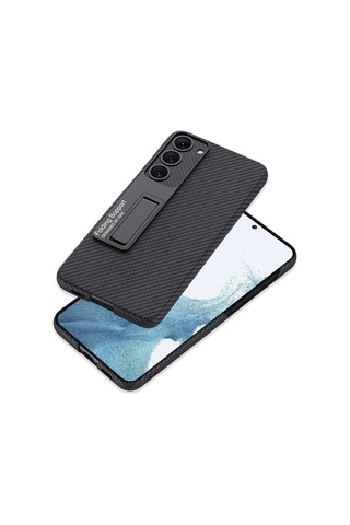 Samsung Galaxy S23 Plus Uyumlu Kılıf Karbon Fiber Ve Suni Deri Görünümlü Standlı Kapak Siyah Karbon