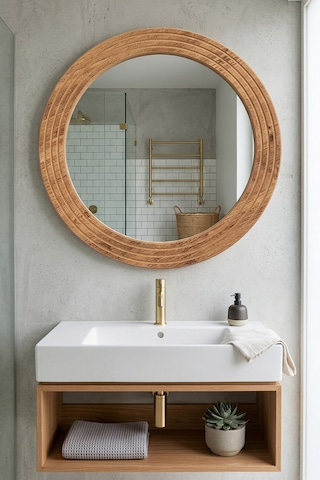 Antik Ahşap Dekoratif Ayna Yuvarlak Banyo Duvar Aynası 56 Cm Naturel