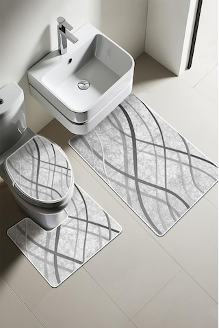 Modern Desenli Dijital Baskı 3'lü Banyo Paspas Takımı Yıkanabilir Kaymaz Tabanlı Klozet Takımı Klz0004 Diğer