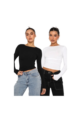 Seeh Siyah/beyaz Bisiklet Yaka Basic Uzun Kollu Body Sh142 Siyah - Beyaz