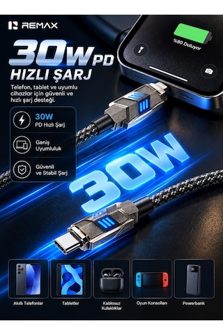 Remax Cb05-cl Bumblebee Serisi 30w Pd Type-c To Lightning Led Işıklı Çinko Alaşımlı Örgülü Hızlı Şarj Ve Data Kablosu 1.2 Metre Siyah