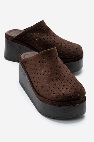 Luvishoes Lune Kahverengi Süet Hakiki Deri Delikli Kadın Dolgu Topuklu Terlik