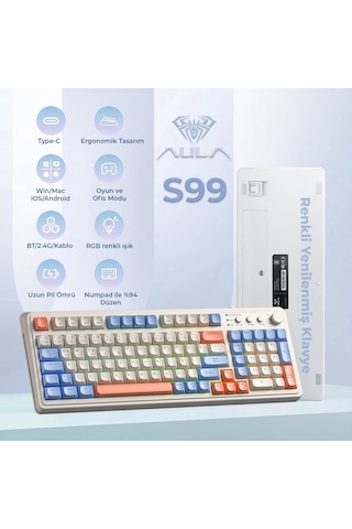 Aula S99 Retro Rgb Gaming 3 Modlu Bluetooth/2.4ghz/usb-c Kablosuz Makrolu Türkçe Q Klavye Turuncu
