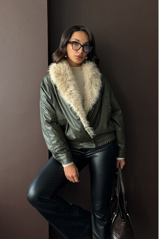 Verymoda Yakası Kürklü Kruvaze Deri Mont F2050 Haki