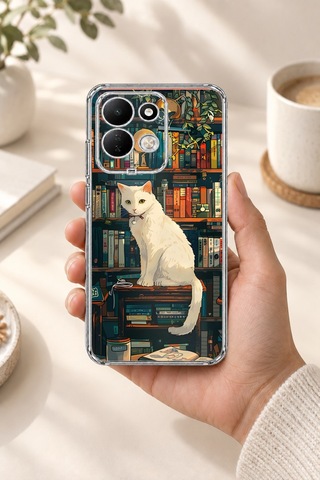 Redmi 17 4g/5g Uyumlu Kitaplık Beyaz Kedi Tasarımlı Baskılı Silikon Kılıf