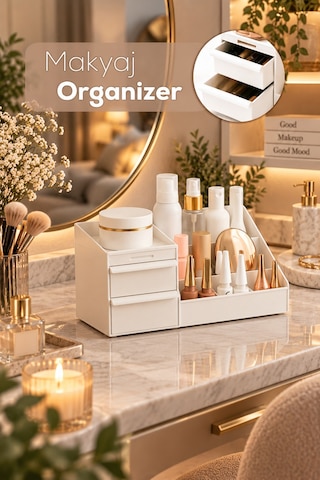 Porsima 5303 Çok Amaçlı Organizer 2 Çekmeceli Kozmetik Parfüm Krem Takı Makyaj Düzenleyici Beyaz