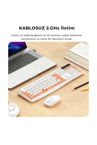 Kablosuz Klavye Mouse Seti Kedi Temalı Sessiz Turuncu Beyaz Retro Tablet Laptop Pc Uyumlu Optik