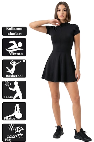 Mrm Pro Kadın Kısa Kollu Etekli Mayo Şortlu Spor Mayo Yüzme Plaj Deniz Hızlı Kuruyan Esnek Kumaş Siyah