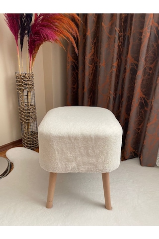 Kare Kesim Ahşap Ayaklı Teddy Kumaş Dekoratif Beyaz Renk Puf