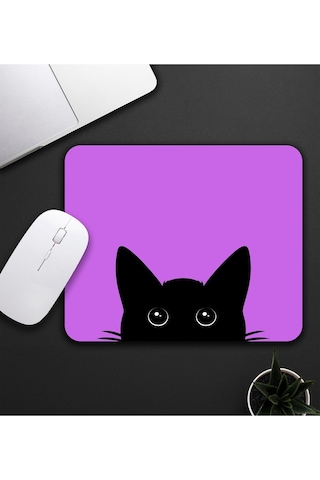 Mor Renk Kedi Baskılı Mouse Pad 23x19cm Fare Altlığı Kaydırmaz Taban Mousepad