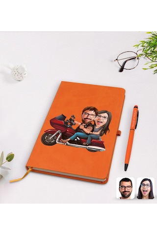 Kişiye Özel Sevgililer Karikatürlü Turuncu Termo Deri Defter Kale N11.2261