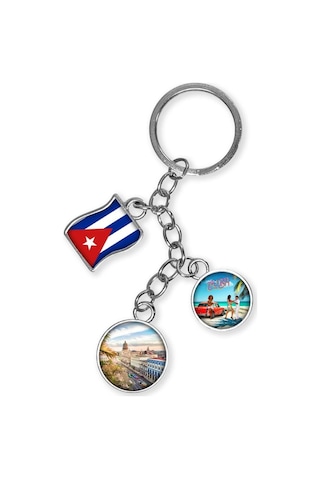 Küba Üçlü Epoksi Metal Çift Taraflı Damla Anahtarlık Cuba Gümüş