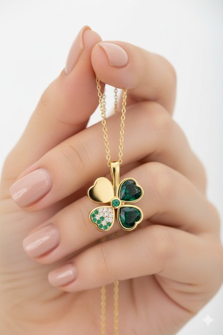 Çekirdekjewelry Zümrüt Işıltılı Dört Yaprak Yonca 925 Ayar Gümüş Kolye Sarı