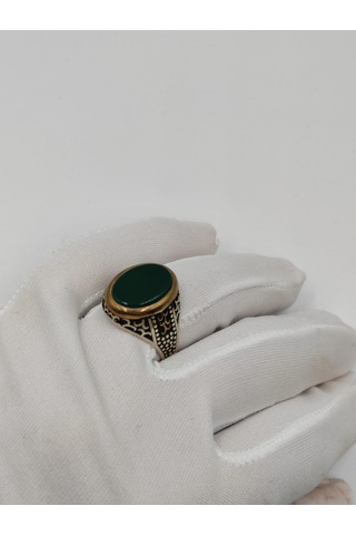 Yeşil Akik Taşlı Düz Kesim Erkek Yüzüğü 26 Mm 925 Ayar Gümüş Yüzü