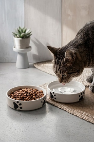 2 Li Seramik Kedi Köpek Mama Ve Su Kabı 13 Cm 300 Ml Pati Ve Kılçık Desenli