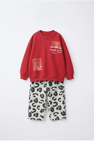 Magu Çocuk Baskılı Kırmızı Sweatshirt Ve Eşofman Takımı Çok Renkli