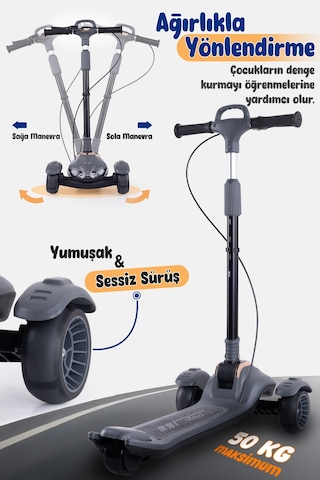 Prego Veyron Bluetoothlu Müzikli Işıklı Çocuk Scooter Katlanabilir - Yükseklik Ayarlı Gri